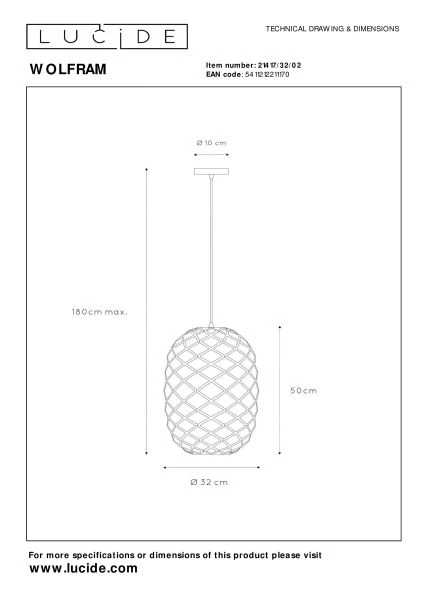 Lucide WOLFRAM - Hanglamp - Ø 32 cm - 1xE27 - Mat Goud / Messing - technisch